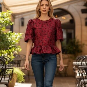 Sugarlips NWT Aelin Jacquard Red Floral Puff Sleeve Blouse W/ Ruffle Hem Size M
